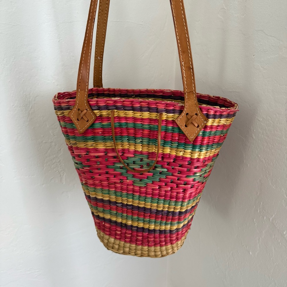 Vintage Woven Raffia Bucket Tote Multicolor with Leather Trim - Picture 3 of 13